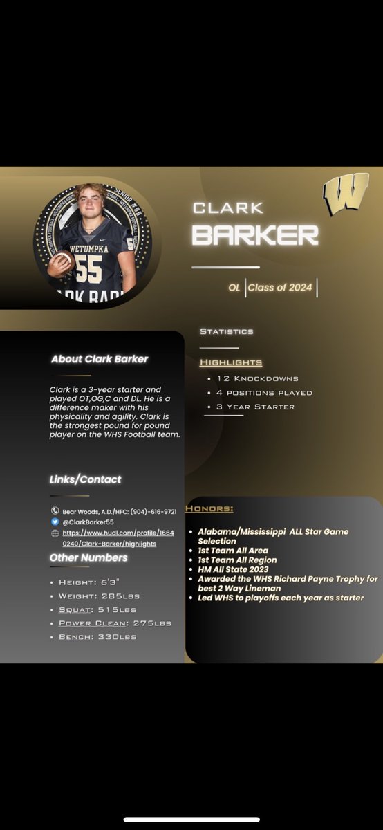 Clark Barker. Senior OL/DL. Creates Chaos in the Trenches. Great physical size combined with mobility and athleticism. Leader, Machine. Come and get him @ClarkBarker55 #RecruitWETUMPKA #WinTheMoment