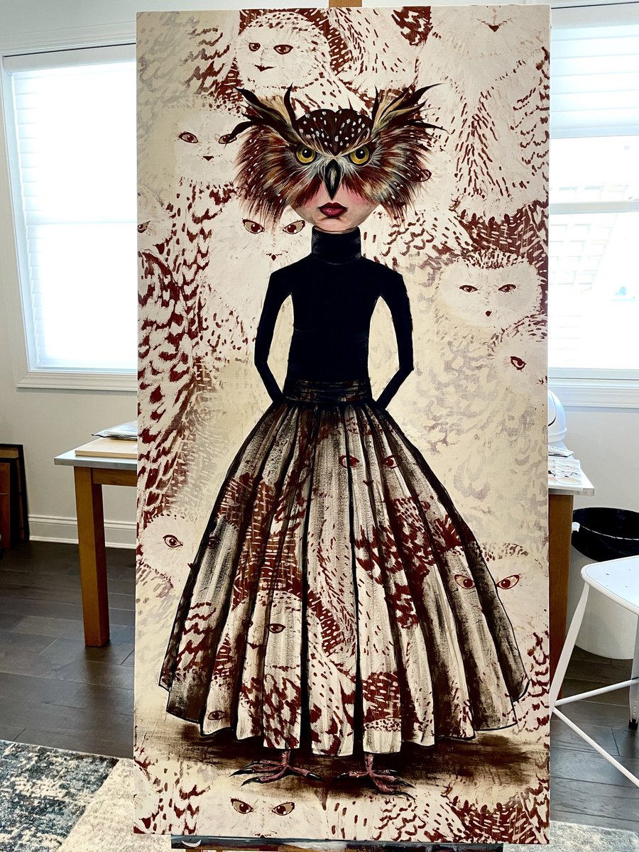 New work. Owls are fascinating. Acrylic on fabric wrapped canvas. “Flocking Together” 25x48.