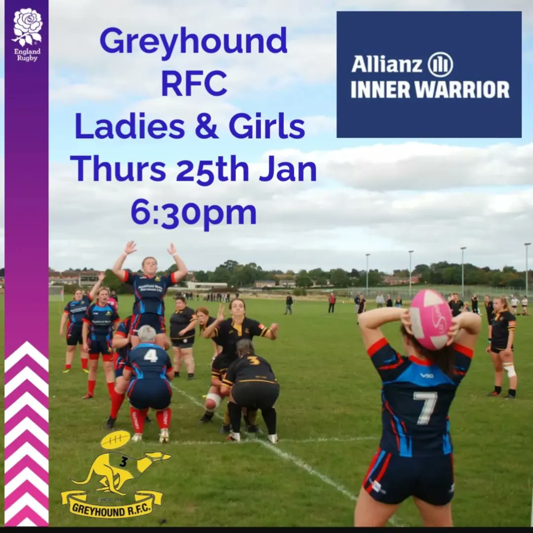Greyhound RFC welcomes all potential rugby players to our Inner Warrior.

Thursday 25th January 2024.

Meet at 6:30pm.

All abilities and experience welcome.

The session is aimed at junior girls and senior women, age 12 years up.