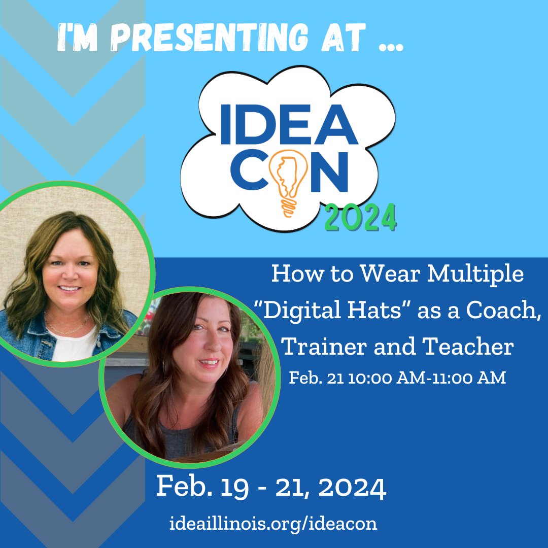 Excited to present 'How to Wear Multiple 'Digital Hats' as a Coach, Trainer and Teacher' with @judyameier on 2/21 at 10:00 AM @ideaillinois #ideacon Come see us and fellow @D202ITC @BytesNBookmarks at IdeaCon 2024! #edtech #edutwitter