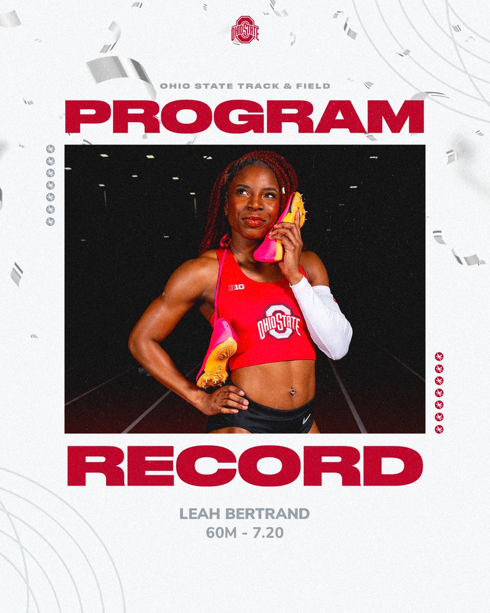 OhioStateTFXC's tweet photo. Congratulations to Leah Bertrand on breaking the program record in the 60m ‼️🎊

She won with a time of 7.20!

#GoBucks https://t.co/aFB2lg6ntt