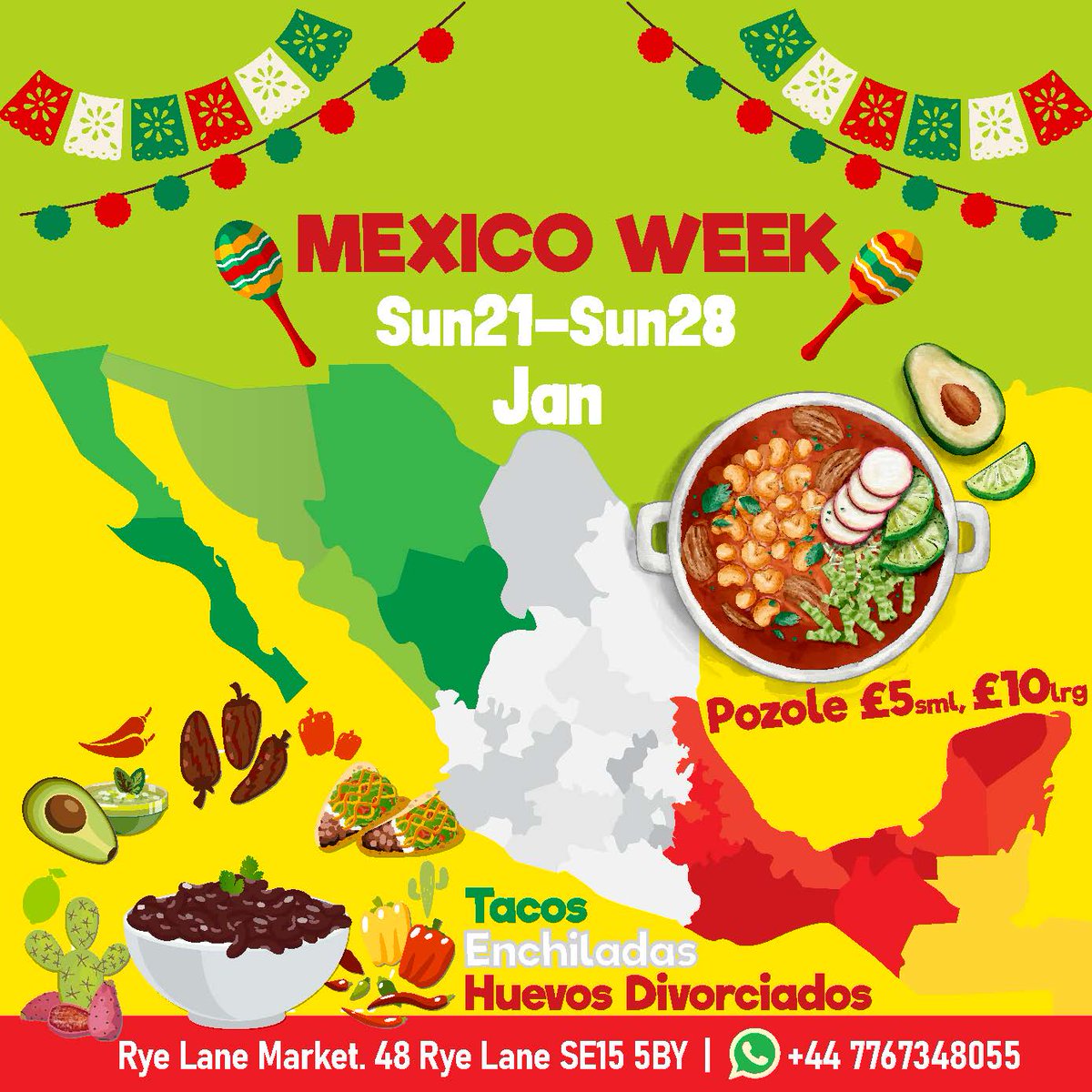 35Americas's tweet photo. 'MEXICO WEEK' takes over Peckham's Rye Lane Market. 
Try our fantastic Pozole, Birria, Tacos, Quesadillas, Enchiladas, Huevos Divorciados &amp; more courtesy of our Chef from Veracruz, Mx!
Sun 21-Sun 28 Jan, 9:30am-6pm.
48 Rye Lane, SE15 5BY
Contact: +44 7767348055
#MexicanFood #Ldn https://t.co/0MUpthYhBr