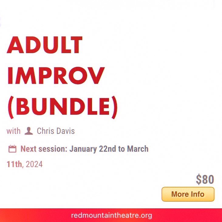 chrisozdavis's tweet image. Starting another 8 WEEK adult improv comedy intro class! Join us, tell friends, tell family, take the class together! I’m looking to teaching you the fun activity of IMPROV COMEDY! Starts Monday. #redmountaintheatre #improvclass