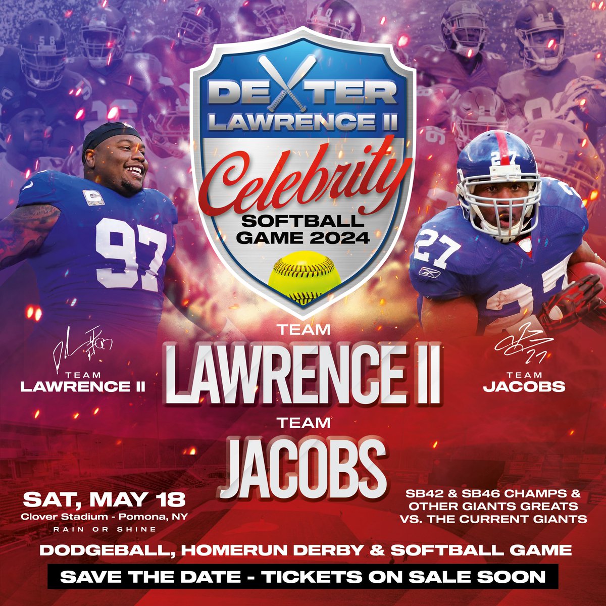 SAVE THE DATE: Dexter Lawrence II celebrity 🥎 game 5/18/24. @BrandonJacobs27 & his SB 42&46 teams & other NYG greats vs @llawrencesexy & the current Giants in dodgeball, homerun derby & softball. Tix on sale soon Interested in Sponsorship/Vendors table contact: Lpgnyg@gmail.com