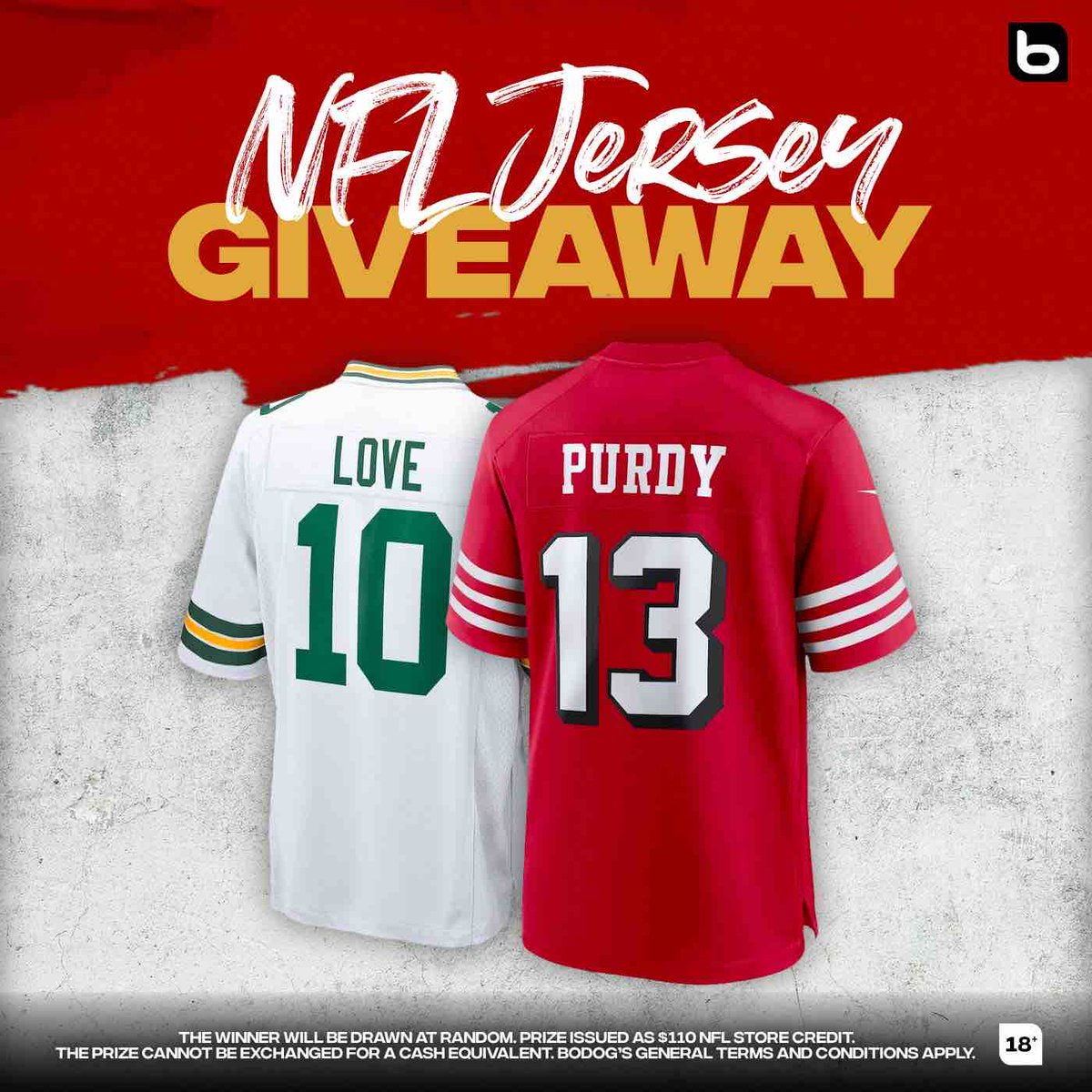 🚨🏈  BODOG NFL  JERSEY GIVEAWAY!

We’ve got another FREE jersey to giveaway!

🔁 this and tell us how many total TD’s will be scored in the Packers vs 49ers matchup and if you guess correct,  you’ll be entered into the draw for an NFL jersey!

#GBvsSF ➡️ bit.ly/BodogFootball