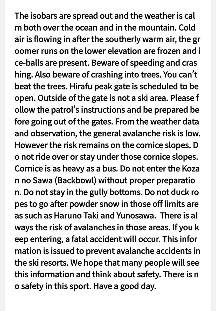 Philosophical Japanese avalanche forecast. 'You can't beat the trees'