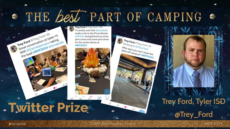 Congrats @Trey_Ford, Facilitator of State Assessments for @TylerISD, on winning the award for most tweets at #BPF2024. Thanks for attending & engaging with us. See you next time!