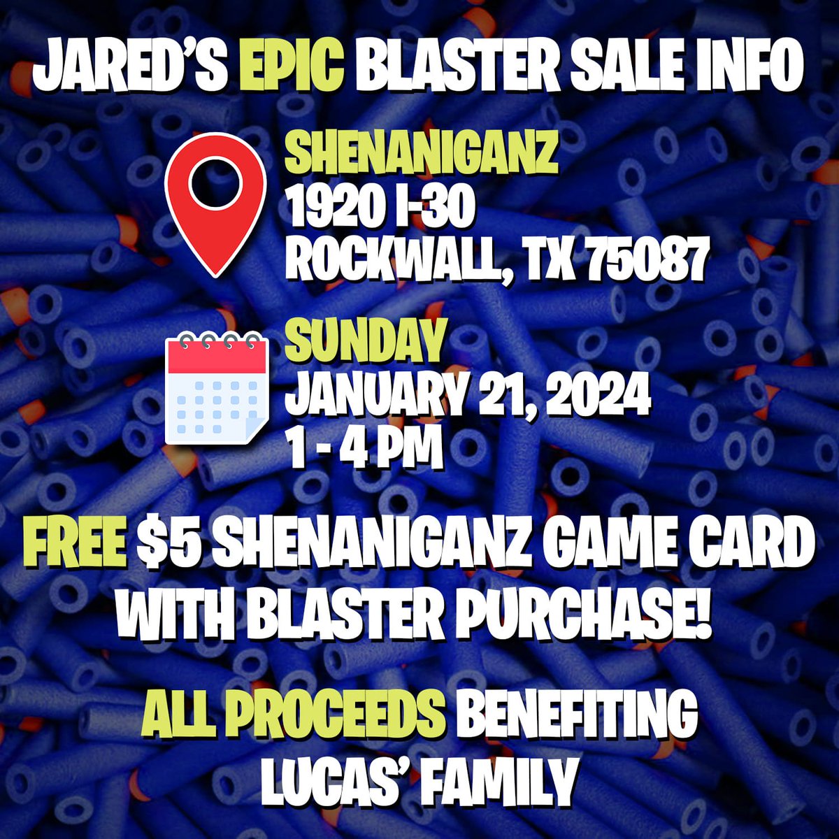 blasterbattle's tweet photo. TOMORROW!! Over 500 blasters from many different brands will be available; most gently used and some brand new in box!
Everyone who purchases a blaster will receive a FREE $5 game card, courtesy of Shenaniganz!
In memory of brave little Lucas, all proceeds will go to help his family. #LucasStrong #QuinlanProud