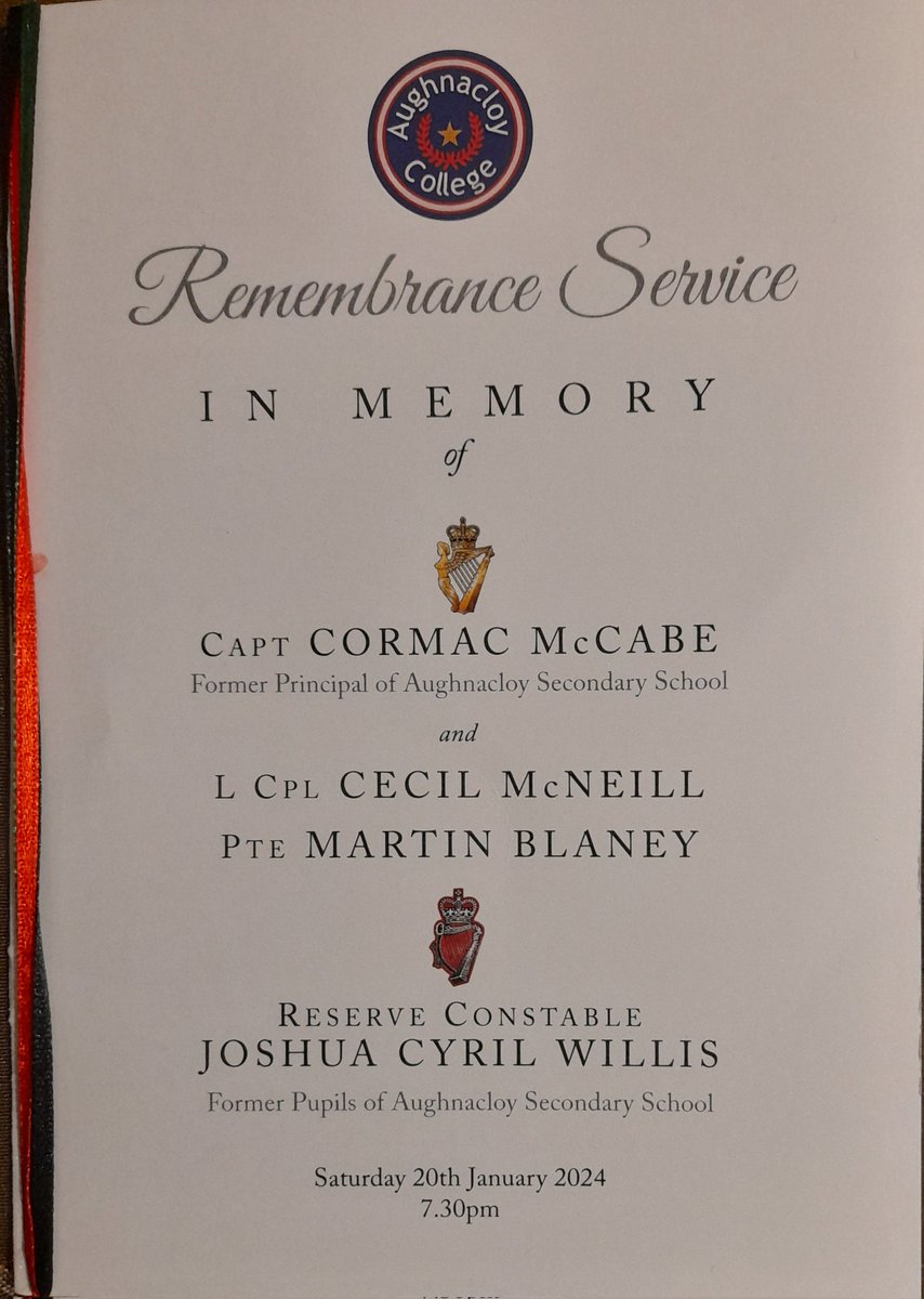 Attended very poignant Remembrance service in memory of Capt Cormac McCabe, former Principal Aughnacloy Secondary School &amp; former pupils L Cpl Cecil McNeill, Pte Martin Blaney &amp; Res Con Joshua Cyril Willis, held in Aughnacloy College .
Thanks for ensuring they are not forgotten