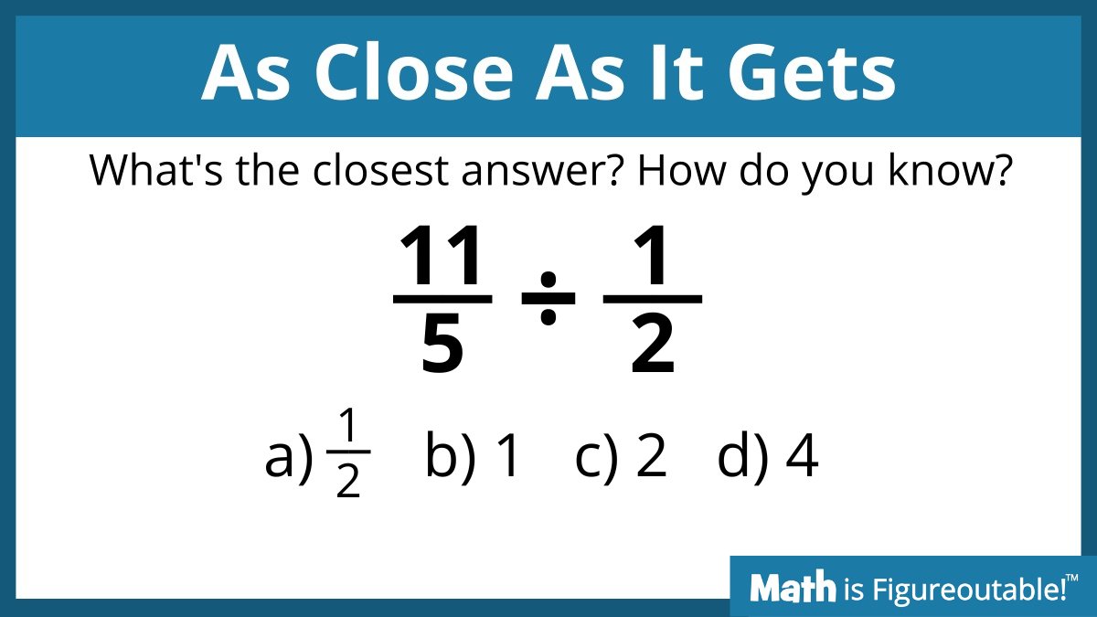 You could remember and mimic some rule about fraction division.... Or you could think 'How many 1/2s are in ....?' Just get as close as you can :) Join me for FRACTION teaching tips! mathisfigureoutable.com/change #MathIsFigureOutAble #MathChat #MTBoS