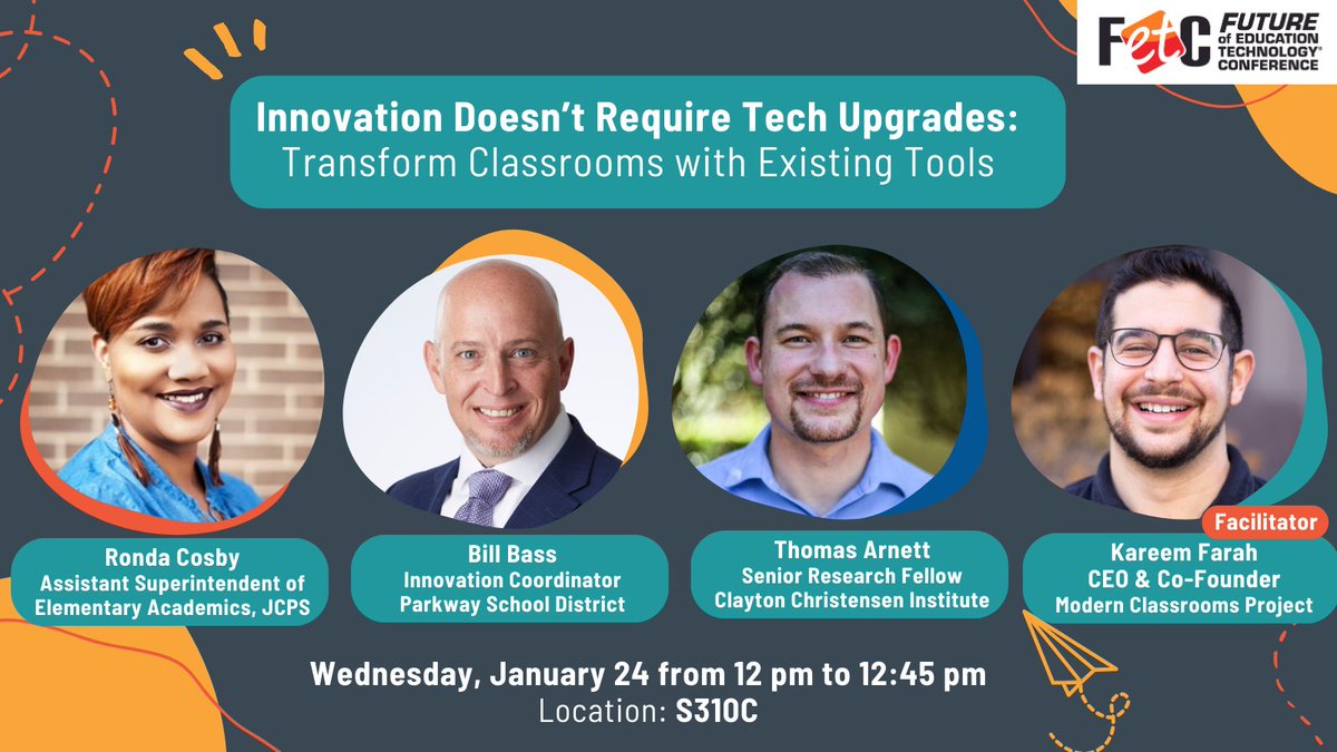 Are you going to @fetc? 🚀 You're invited to hear from Modern Classrooms Project CEO and Co-Founder, @kareemfarah23, and our expert panelists @billbass @RondaCosby and @arnetttom as they discuss a new spin on classroom innovation. #fetc24