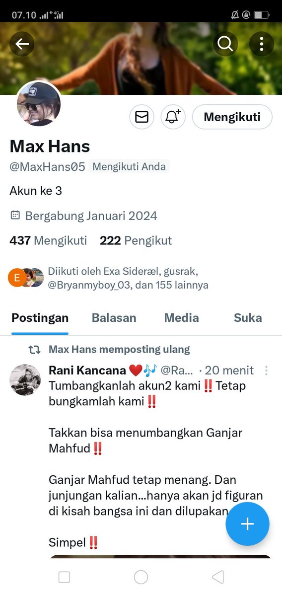 Follow akun baru <a href="/MaxHans05/">Max Hans</a> teman2. Akun lamanya tewas permanen. 

Yuk bantu yu pendukung 03, kita bisa! 

Cc <a href="/Manse_Mangat/">Ayah_Hanita</a> <a href="/Even1508/">🐎 𝐄 𝐕 𝐄 𝐍 🐎</a> <a href="/RadjaRasta_/">яαԃ𝐣αяαѕтα</a> <a href="/AntoniusCDN/">🐨 𝕮𝖗𝖎𝖘𝖙𝖆𝖓𝖙𝖔 𝕯 𝕹 🐨</a>