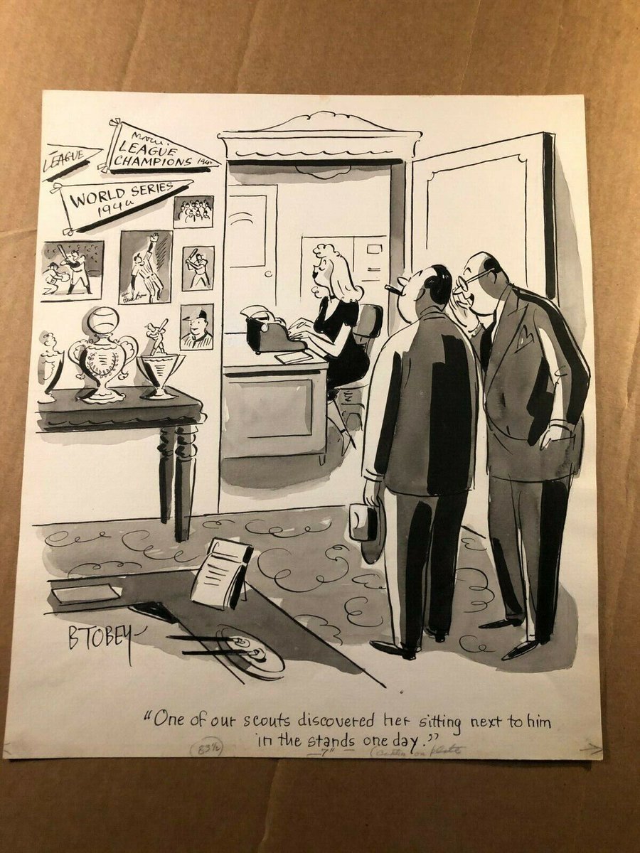 1940s humor
'One of our scouts discovered her sitting next to him in the stands one day.'
Original cartoon art 
Barney Tobey:  The Baseball Scout's Discovery attemptedbloggery.blogspot.com/2024/01/barney… #BarneyTobey #Baseball