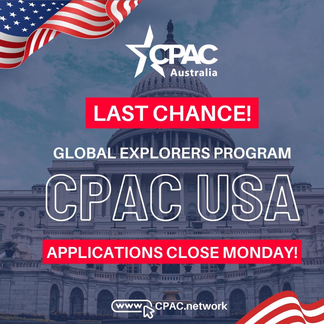 🚨 LAST CHANCE! 🚨 Applications close TOMORROW for our CPAC Global Explorers Program to CPAC USA! 🇺🇸 Over 15,000 activists in attendance from around the world for the world's largest gathering of conservatives. 🌎 @CPAC Don't miss out on this incredible opportunity. Apply…