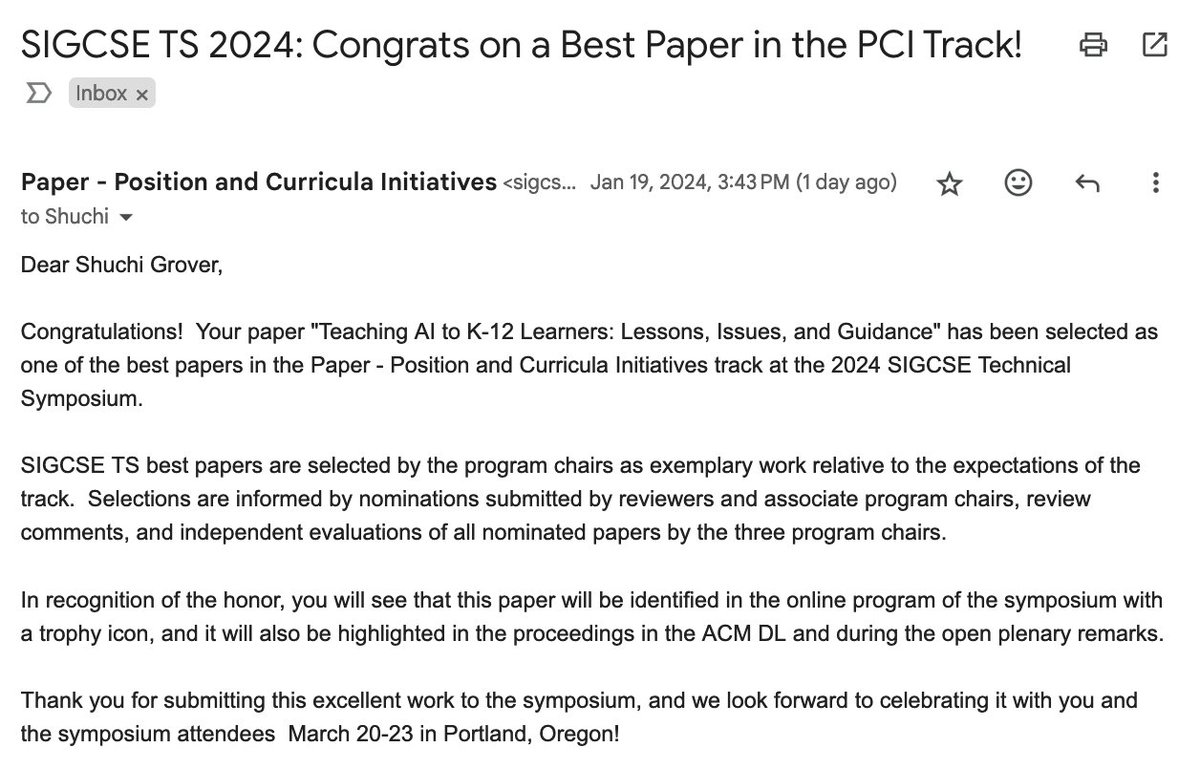 My position paper "Teaching AI to K-12 Learners: Lessons, Issues, and Guidance" has been selected as one of the best papers at #SIGCSE2024 <a href="/SIGCSE_TS/">SIGCSE Technical Symposium</a>  😊
Happy, happy 🥳🎊