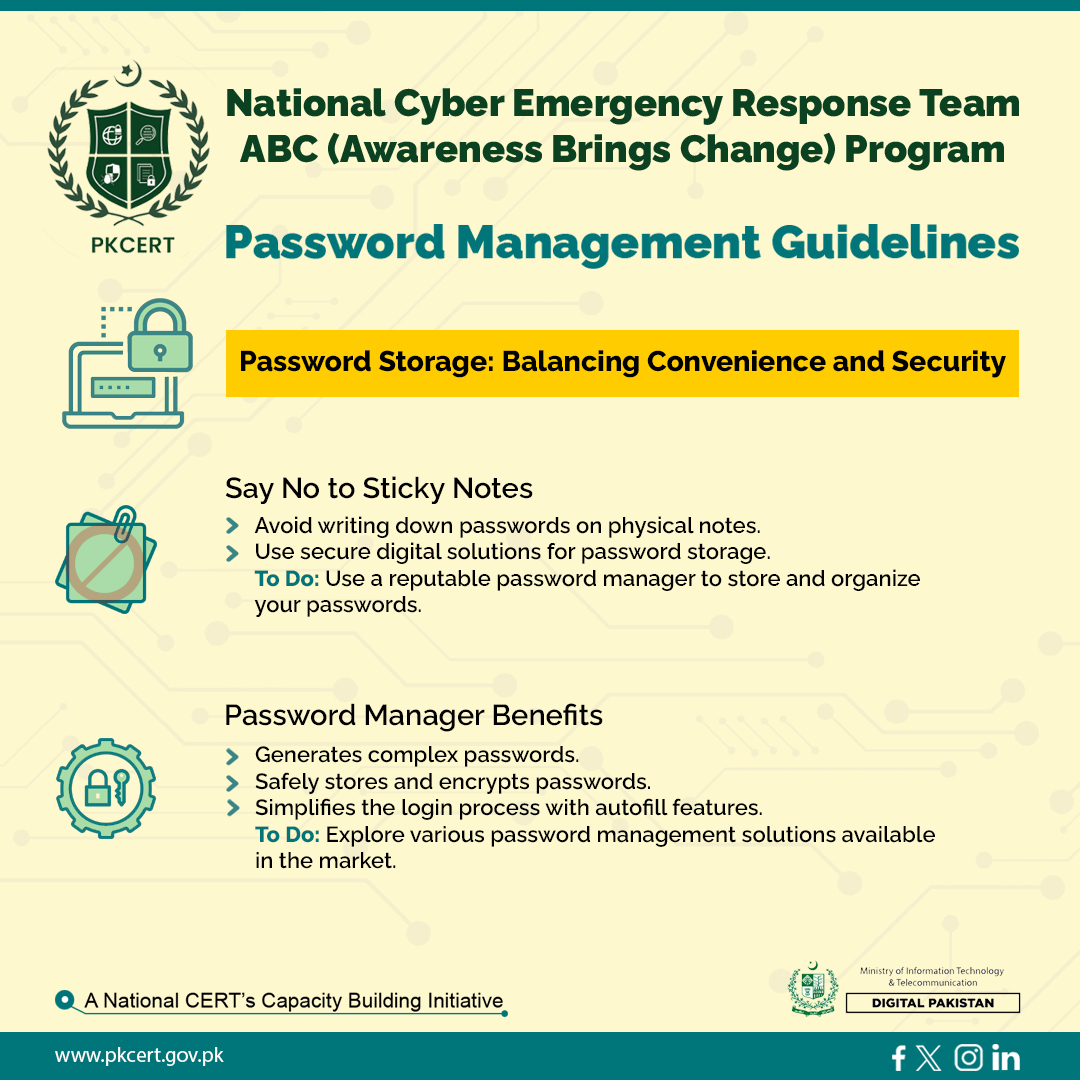 PKCERT_official's tweet image. National CERT's ABC Program! In Foundation 1: Password Management– Part C emphasizes balancing convenience &amp;amp; security. Say goodbye to sticky notes, and embrace password managers for robust security &amp;amp; convenient autofill. 

#Cybersecurity #ABCProgram #PasswordManagement