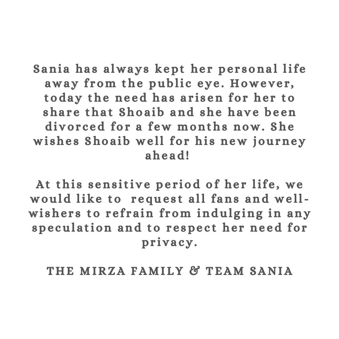 _FaridKhan's tweet photo. Sania Mirza's family has issued an official statement on separation with Shoaib Malik ✅

She still wished Shoaib well for his future. She's a star! @MirzaSania ♥️ https://t.co/5GrAhKQMOa