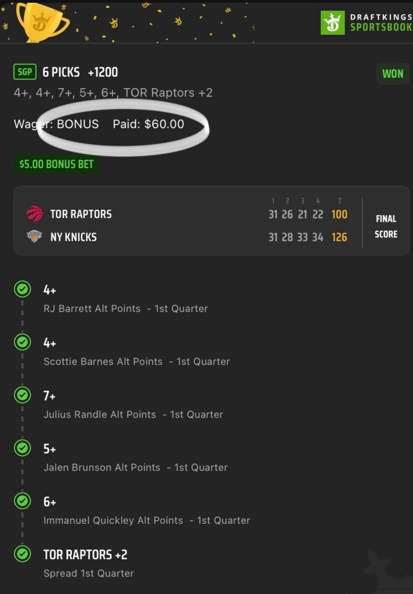 epislash's tweet photo. @DKSportsbook Used my $5 free bonus bet for losing my risk free parlay to only use it for the first quarter of the Raptors/Knicks game.   Not too bad!  Turned it into $60. RJ has def put some money in my pocket since the trade! #DraftKings #Raptors #Knicks #Parlay https://t.co/QnWlcrHi5l
