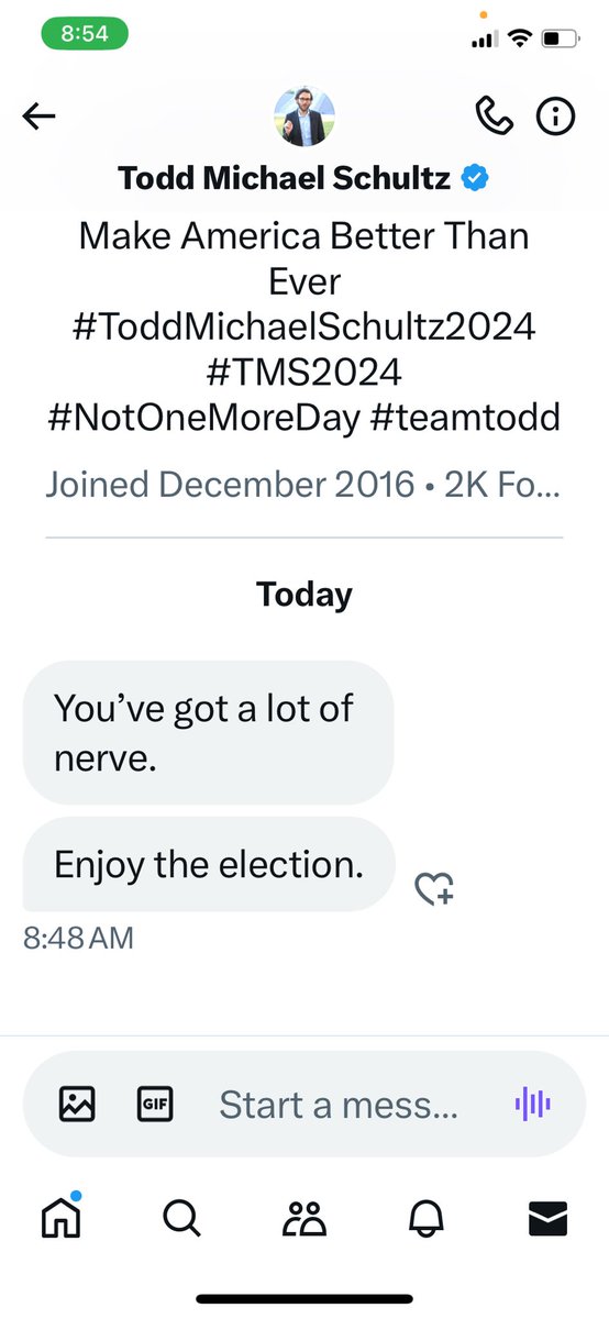 Ms00745's tweet photo. Which is weird because if I was running for president I’d be wanting to encourage and inspire people to vote for me. Instead, this person threatened me and told me he wants to find out who I am so he can ruin me. Weird right?  Yeah. Enjoy the election Todd. https://t.co/O3OYIDLXSW