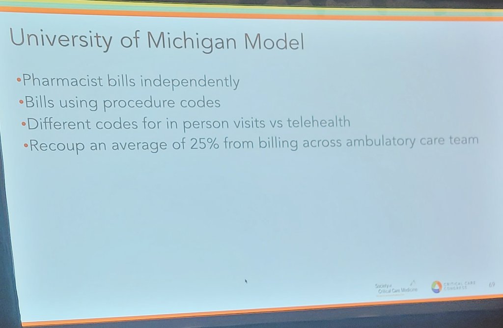 CCPharmacists's tweet image. Winding up the @SCCM_CPP PCF with @JoannaCCPharmD discussing billing for services. 

-only 2 PICS clinics bill for services 
-need national provider status
-not all insurance reimburses
-can bill independent or incident

#PharmICU #CPPForum #GoProgram #SCCM2024
