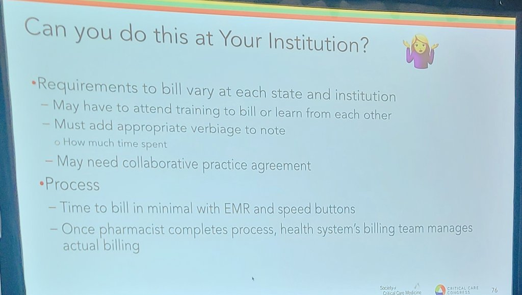 Winding up the @SCCM_CPP PCF with @JoannaCCPharmD discussing billing for services. -only 2 PICS clinics bill for services -need national provider status -not all insurance reimburses -can bill independent or incident #PharmICU #CPPForum #GoProgram #SCCM2024