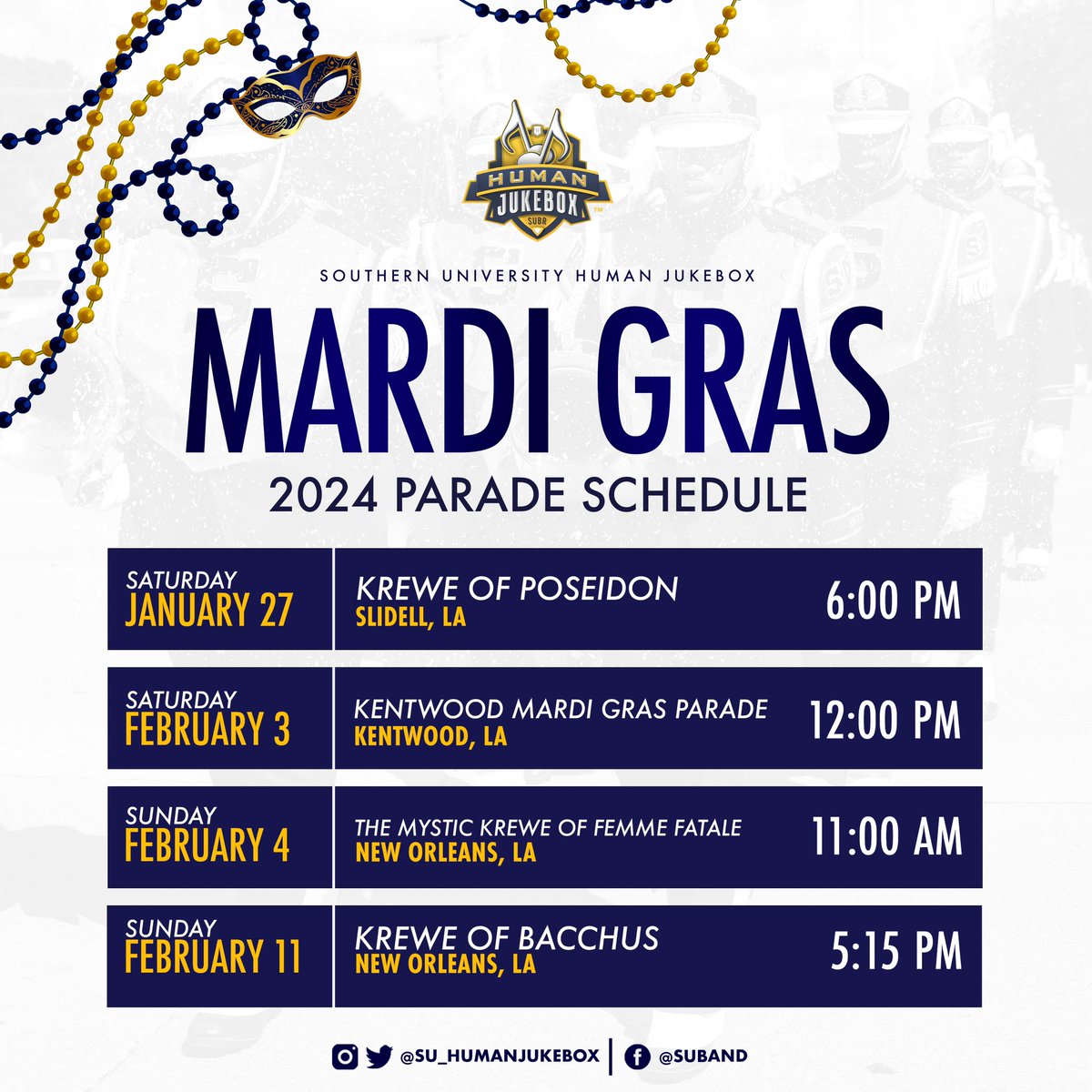 You’ve seen the rest, now it’s time for the best! 🚨2024 Mardi Gras Parade Schedule 🚨 Jaguar Rocking down a street near you! Laissez Les Bons Temps Rouler! 💜💚💛#HumanJukebox #ParadeSeason2024