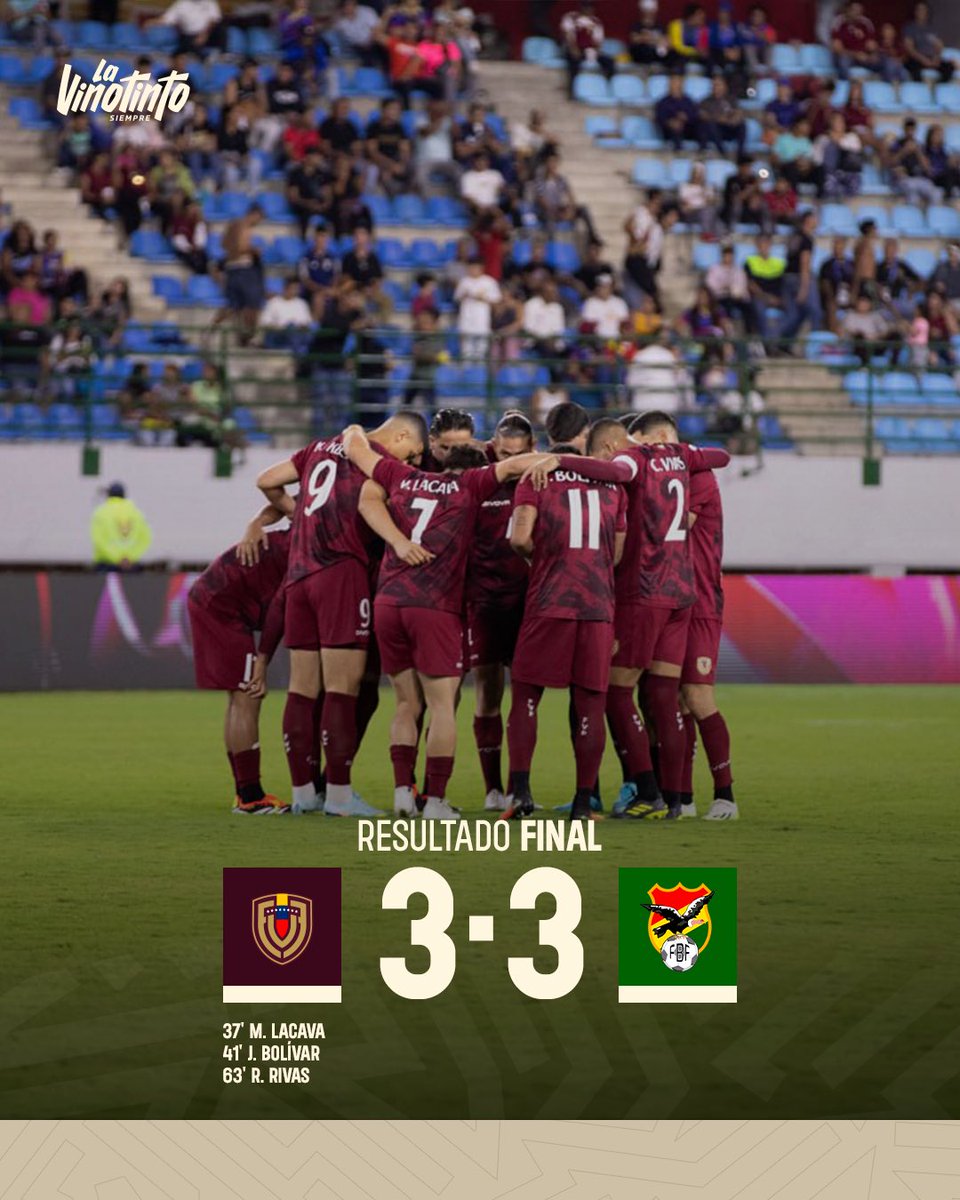 Igualdad en el debut

🇻🇪 3-3 🇧🇴

#SiempreVinotinto #CONMEBOLPreolímpico