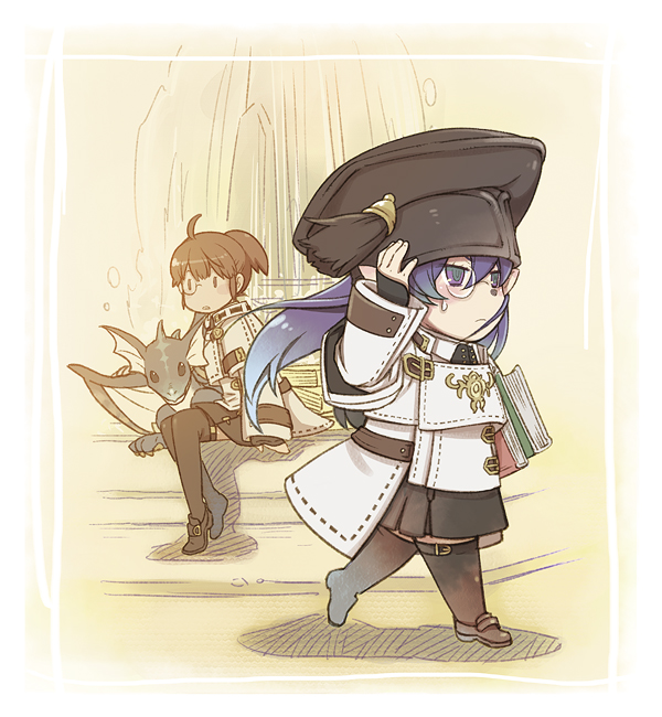 glasses book long hair hat walking pointy ears lalafell  illustration images