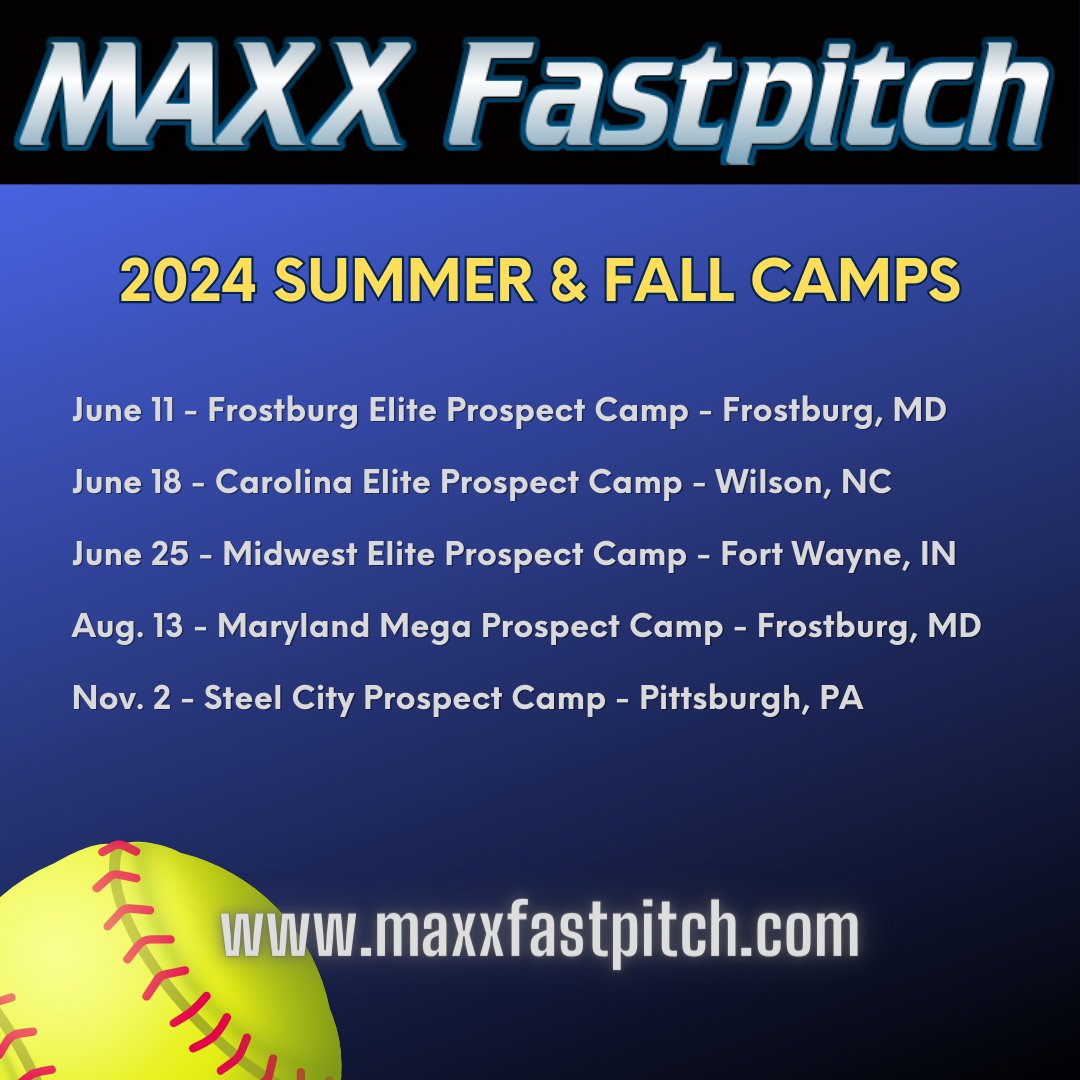Our 2024 summer and fall camps are now open for registration! Keep checking back as we add additional schools to each event! maxxfastpitch.com
