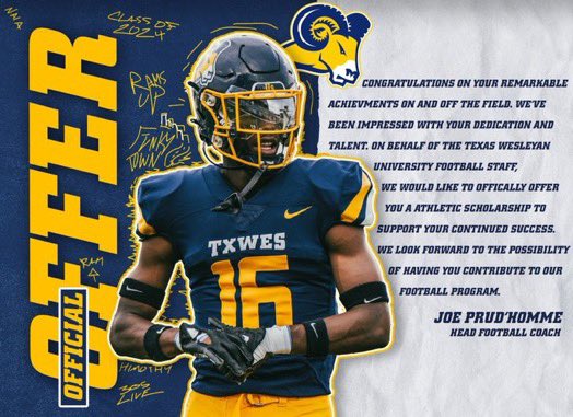 After a great conversation with @Ryan_Leichus I am honored to Blessed to have received my first offer to continue my athletic career at @TxWesFootball @RamSports thanks to the coaches helping me through the gauntlet @CoachLSearcy25 @Coachrobnewton @treygray03 @CoachSearcy23