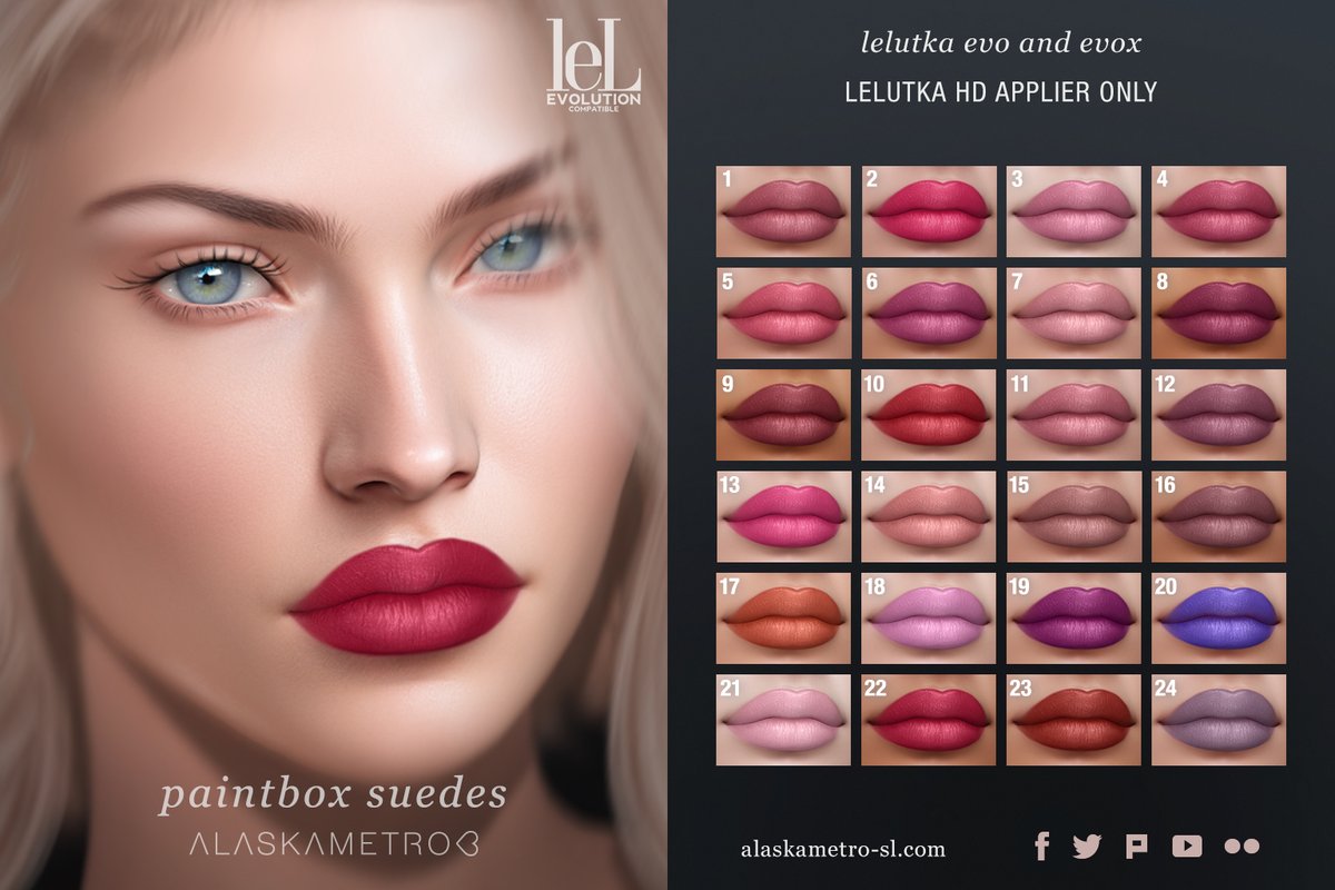 alaskametro's tweet photo. I updated the "Paintbox Suedes" HD appliers for Genus and Lelutka, and added NEW bakes-on-mesh in all 24 velvety colors! Available in-store or on MP. https://t.co/1gCKqgTaDe