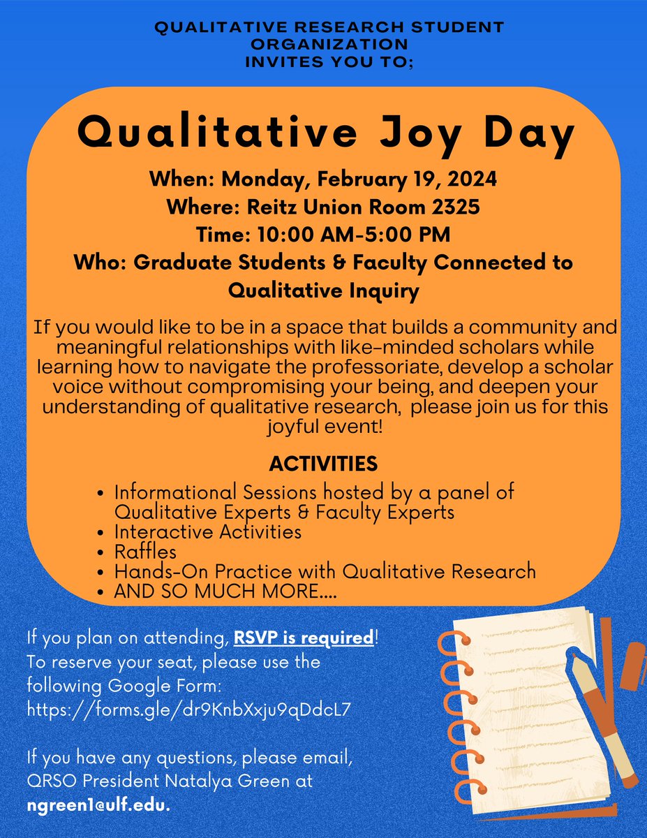 ufqual's tweet photo. Calling all Qualitative Gators! QRSO is excited to announce that we will host QUAL JOY DAY on Monday, February 19 from 10-5! All UF Qual Students and Faculty are welcome to join us for this special in-person event  There will be food, raffles, and more! https://t.co/ySanL9HMe1