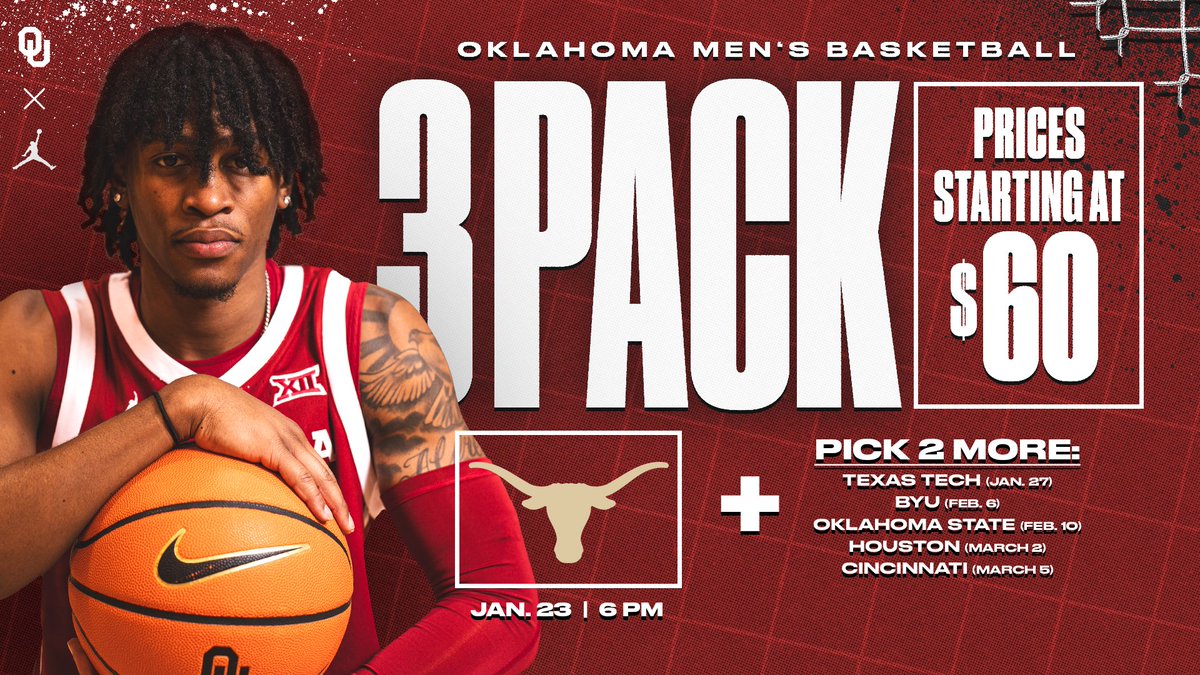OU_Athletics's tweet image. 𝗣𝗔𝗖𝗞 👏 𝗧𝗛𝗘 👏 𝗟𝗡𝗖
 
Get tickets to the next home game:
🏀 No. 15 @OU_MBBall vs. Texas | 6pm | White Out
 
PLUS:
🏀 Pick 2 other games *OSU less than 500 tickets remain*
 
Buy 🎟️ here » bit.ly/OUMBB3pack