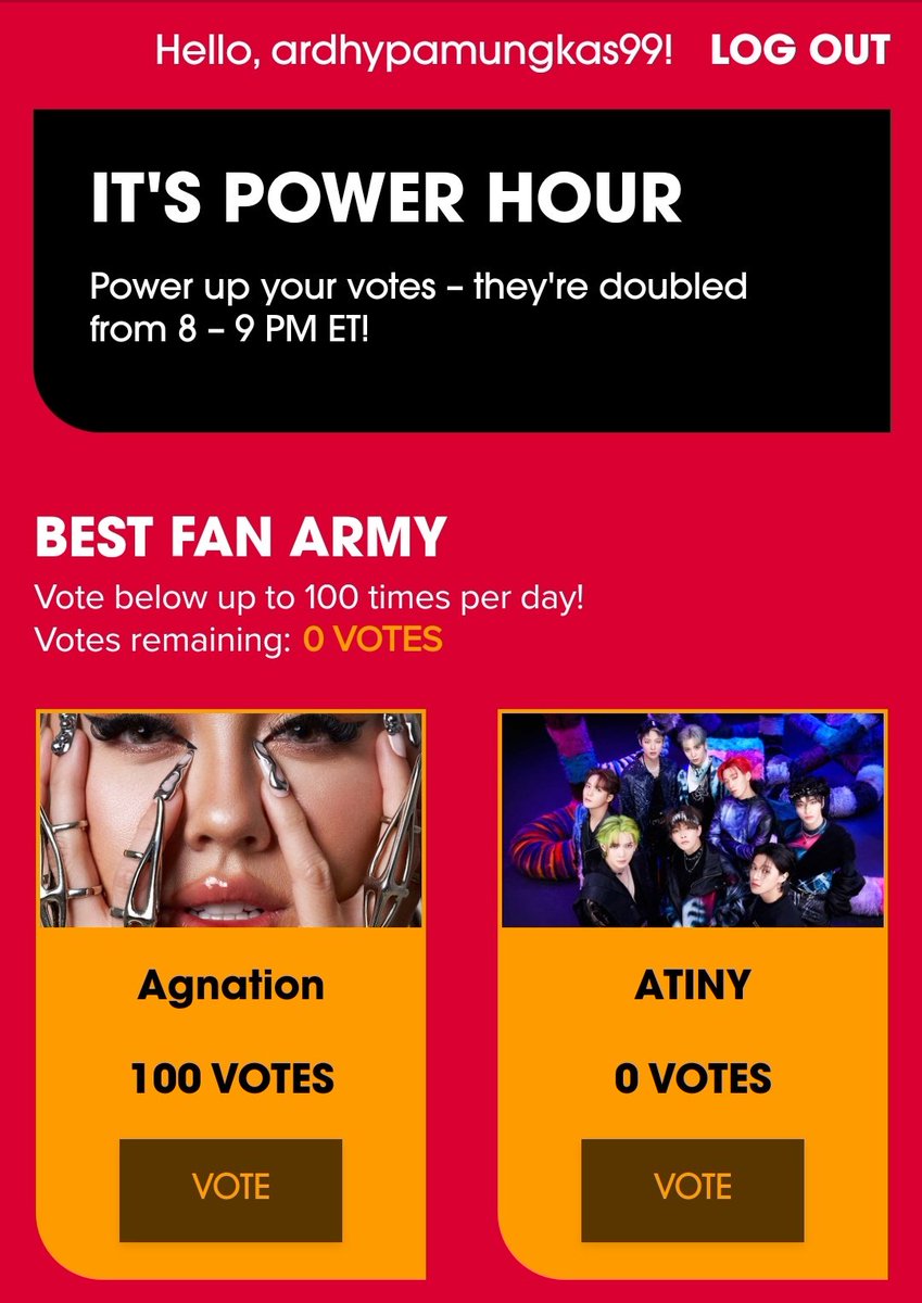 Keep voting guys! Tipsnya adalah kalian ngevote pas jam 8 - 9 WIB karena di jam itu dihitung double vote! Gunakan akun email kalian sebanyak2nya ✨️

#Agnation #BestFanArmy #iHeartAwards