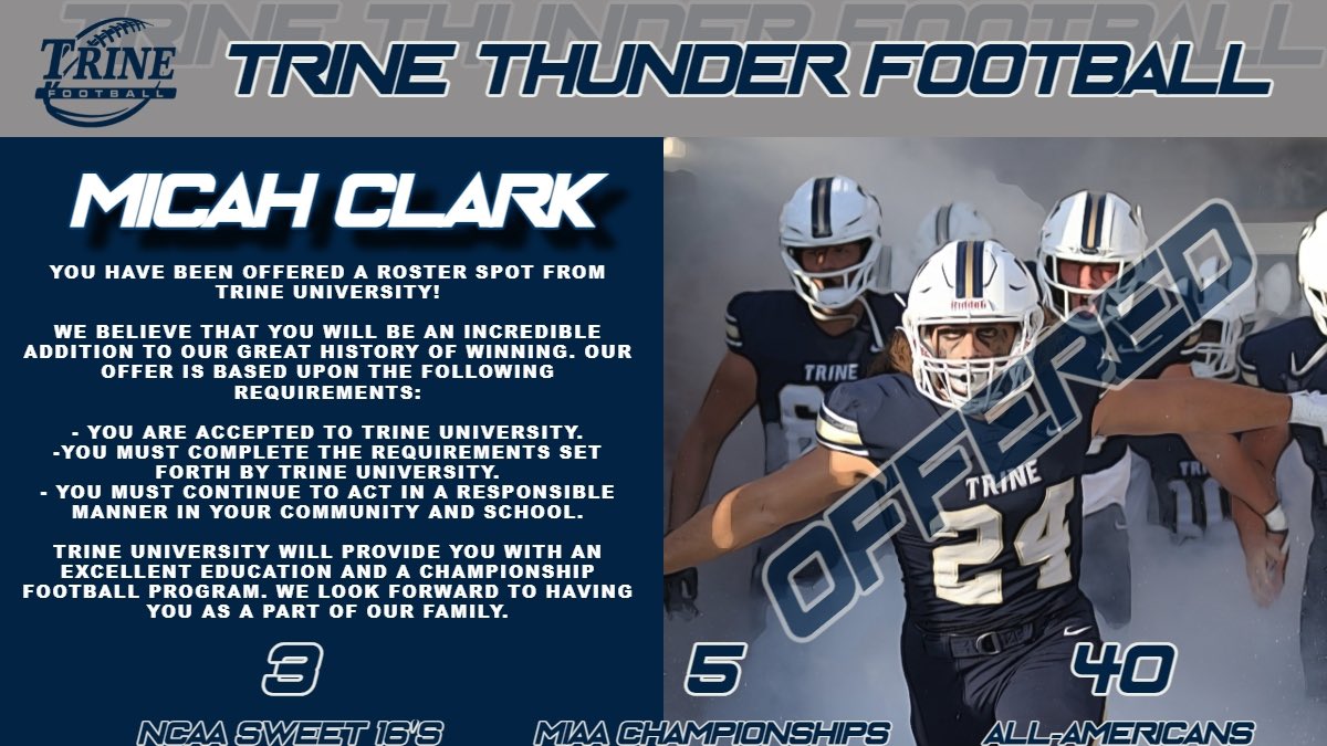 Micah Clark (@micahclark_10) on Twitter photo #AGTG After a great visit to <a href="/TrineUniversity/">Trine University</a> I am extremely blessed to receive my first D3 offer from Trine University!!!
<a href="/NPCoachRalph/">Kyle Ralph</a> @CoachBCullen #AGTG After a great visit to <a href="/TrineUniversity/">Trine University</a> I am extremely blessed to receive my first D3 offer from Trine University!!!
<a href="/NPCoachRalph/">Kyle Ralph</a> @CoachBCullen