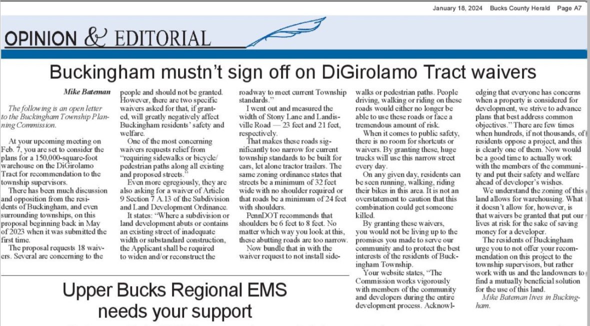 electbateman's tweet photo. Why Buckingham Township leaders must hold developers to follow our written ordinances. Read my open letter to Buckingham’s Planning Commission. Thanks @BucksCoHerald for publishing my open letter to the Buckingham Township Planning Commission!

https://t.co/lwDXAwQwiF https://t.co/4JMOyfhvTF