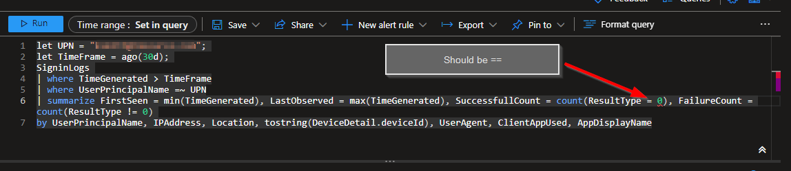 SevenLayerJedi's tweet photo. @castello_johnny  I believe there is an issue with one of your KQL queries. I believe this should be "ResultType == 0". The results returned are incorrect if you use one "=". I find adding location details helps me too. BTW I really enjoy your site.

https://t.co/ibokPjAe8C https://t.co/Rdatnk02Ge