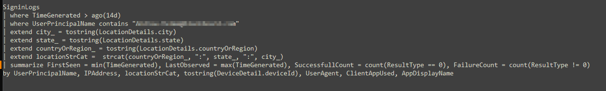 SevenLayerJedi's tweet photo. @castello_johnny  I believe there is an issue with one of your KQL queries. I believe this should be "ResultType == 0". The results returned are incorrect if you use one "=". I find adding location details helps me too. BTW I really enjoy your site.

https://t.co/ibokPjAe8C https://t.co/Rdatnk02Ge