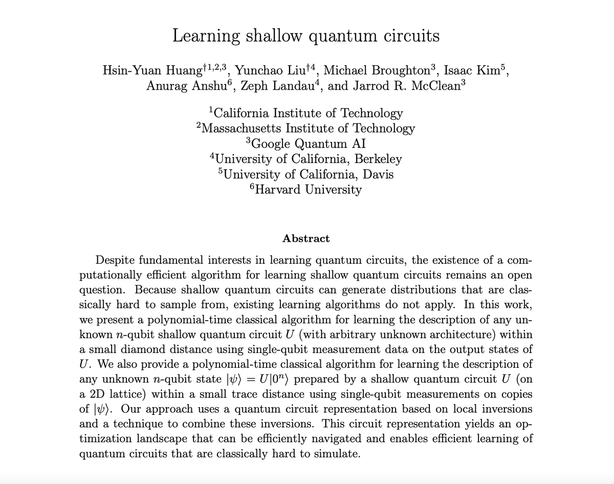 RobertHuangHY's tweet photo. ❓How to learn/train quantum circuits?

Shallow quantum circuits are classically hard to simulate⚡️Despite extensive study, no efficient algorithm for learning/training them is known💀

In https://t.co/wmNnISLVuu, we show how to learn any shallow quantum circuit efficiently💡 https://t.co/QX3lp8VBni