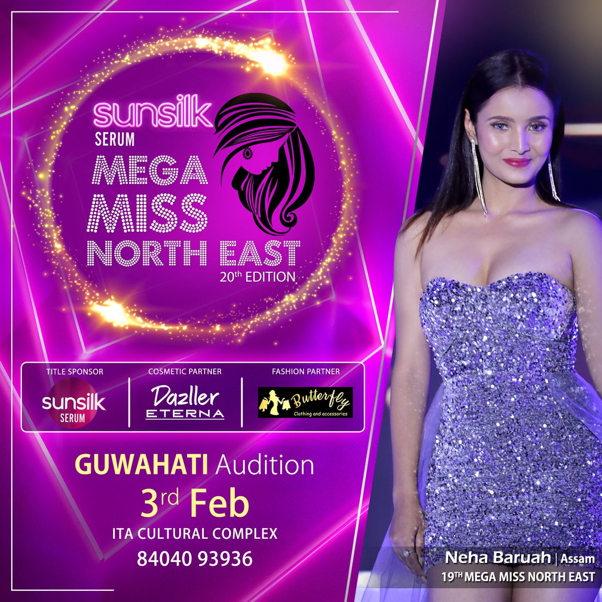 Guwahati Auditions For Sunsilk Serum Mega Miss North East 20th Edition 

Call +918404093936

Title Sponsor : Sunsilk Serum
<a href="/sunsilkexperts/">Sunsilk India</a>

Cosmetics Partner : Dazller Eterna

Fashion Partner : Butterfly 

<a href="/MegaEntOfficial/">Mega Entertainment</a> <a href="/MegaMissNE/">Mega Miss North East</a> 

#MegaMiss #MegaMissNorthEast
