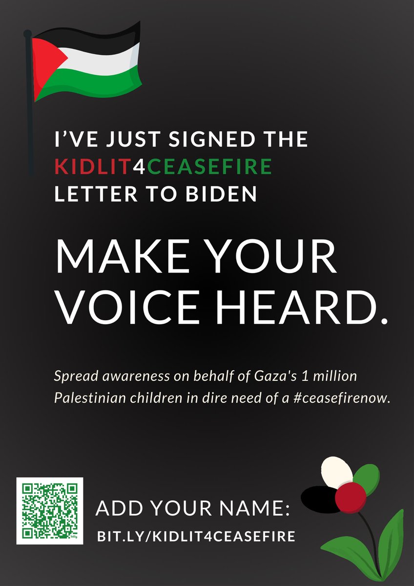 Sign the #KitLit4Ceasefire letter to Biden by Jan. 28th! 1 million Palestinian children direly need a permanent #ceasefireNOW & humanitarian aid, which are being withheld with support of @POTUS & Congress! RAISE YOUR VOICE & RT! Every minute counts. bit.ly/KidLit4Ceasefi…