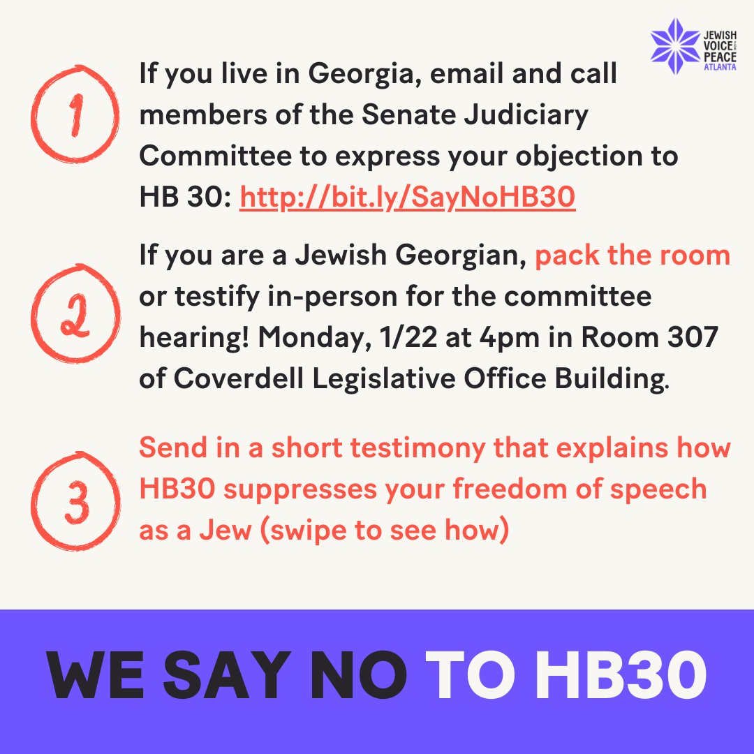 jvpatlanta's tweet photo. 🚨MONDAY, Georgia's Senate Judiciary Committee is reviving #HB30, a dangerous bill that promises to protect Jews but instead undermines free speech and labels criticism of Israel antisemitism.
ACT NOW: Contact the committee, come to the Capitol Monday, or send in testimony. ⬇️ https://t.co/Icjkz67dnH