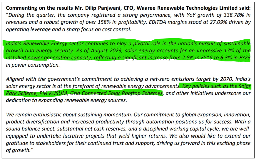 ParveenBhansali's tweet photo. #WaareeRenewables
#BlockbusterQ3
#HumongousGrowth in PAT/ Revenues both YoY n QoQ
Q3FY24 PAT equals entire FY23 (12 mths) performance..insane!!
Revs up YoY 339% ; QoQ 116%
EBIDT up YoY 145% ; QoQ 212%
PAT up YoY 158% ; QoQ 252%
CMP 2866
Mcap 5969cr
FwdPE 23
#FairlyValued https://t.co/julOmfZxV4