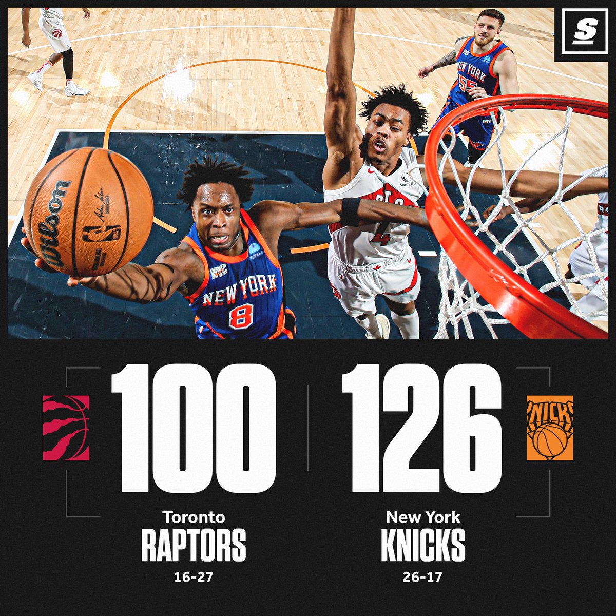 theScore's tweet image. Knicks get a big win at home vs. the Raptors. 🗽😤