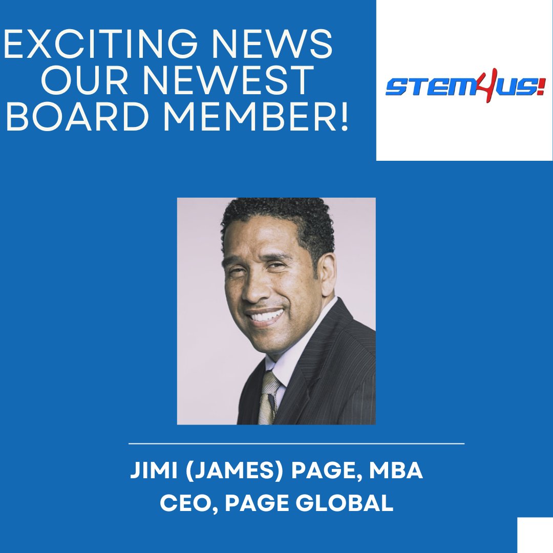 STEM4US's tweet photo. Exciting news! 🚀 Welcome Jimi (James) V. Page, MBA, to the STEM4US! Board of Directors. Jimi, founder of Page after Page Business Systems, Inc., joins us in a seat once held by the late Honorable Judge Arthur Burnett Sr. 🌟 #STEM4US #YouthLeadership https://t.co/PVB5zWF8pr