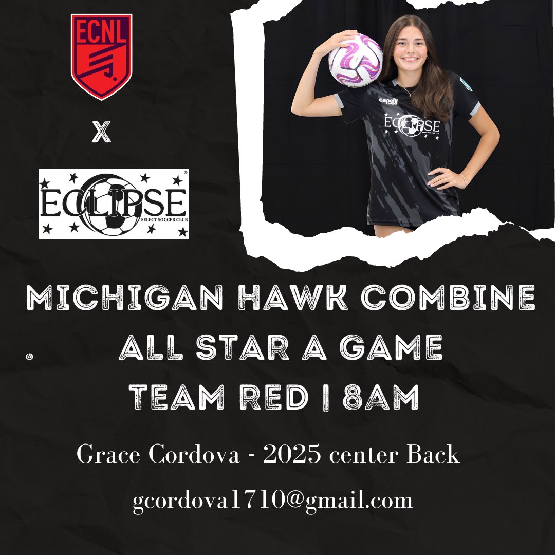 Grace Cordova (@_gracecordova) on Twitter photo So excited to be selected for the Michigan Hawks Combine All-Star game on Sunday 1/21 at 8am!! <a href="/PrepSoccer/">Prep Soccer โฝ๏ธ</a> <a href="/ImYouthSoccer/">ECNL/GA/Recruiting/College Soccer</a> <a href="/EclipseSelectSC/">Eclipse Select SC</a> <a href="/ECNLgirls/">ECNL Girls</a> So excited to be selected for the Michigan Hawks Combine All-Star game on Sunday 1/21 at 8am!! <a href="/PrepSoccer/">Prep Soccer โฝ๏ธ</a> <a href="/ImYouthSoccer/">ECNL/GA/Recruiting/College Soccer</a> <a href="/EclipseSelectSC/">Eclipse Select SC</a> <a href="/ECNLgirls/">ECNL Girls</a>