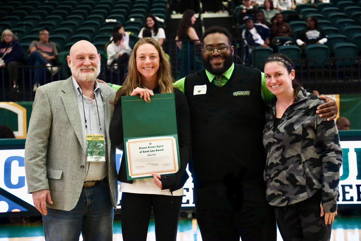 Congrats to Maya Cote on being this year’s recipient of The Elaine Evans Spirit of Saint Leo Award! 

We can’t think of anyone more deserving of this award that remembers and honors an amazing Lion that we lost way too soon. 

#SaintLeo1Pride🦁