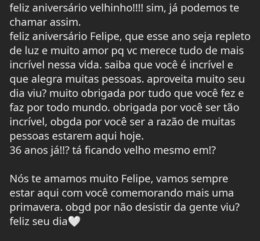 aniversário do velhinhooo! obrigada por você ser você, tenho muito orgulho de dizer que sou sua fã. te amamos❤️ <a href="/felipeneto/">Felipe Neto 🦉</a>

#FelizAniversarioFelipeNeto