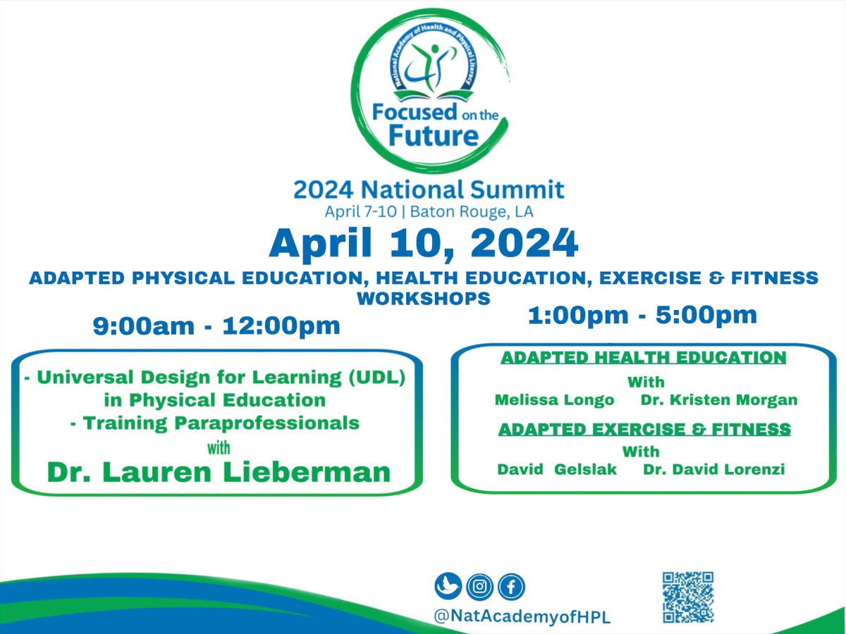 Adapted Physical Education &amp; Adapted Health Workshop

The first 2️⃣5️⃣ people who register and attend the entire workshop (8:00 am - 5:00 pm) will be reimbursed their NAHPL Summit Registration fee.

Learn more: nahpl.org/professional-d…

#adapted #APE #PhysEd #HealthEd