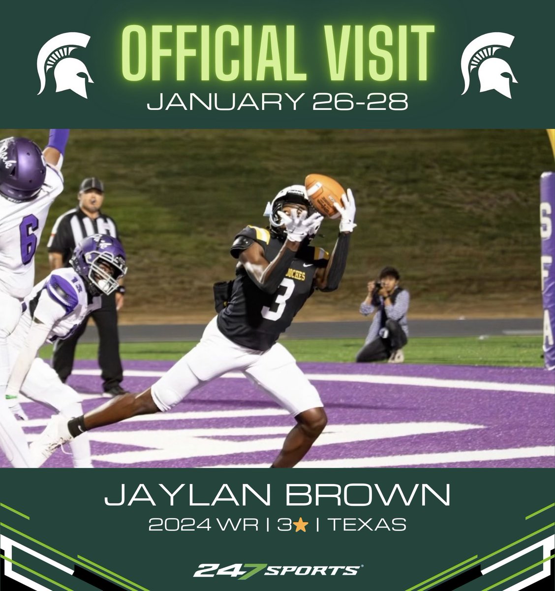 C_Robinson247's tweet image. Michigan State will be hosting 2024 Texas 3 star WR Jaylan Brown next weekend.

WR coach Courtney Hawkins offered him in person earlier this week and will look to lock him in on the visit

247sports.com/player/jaylan-…